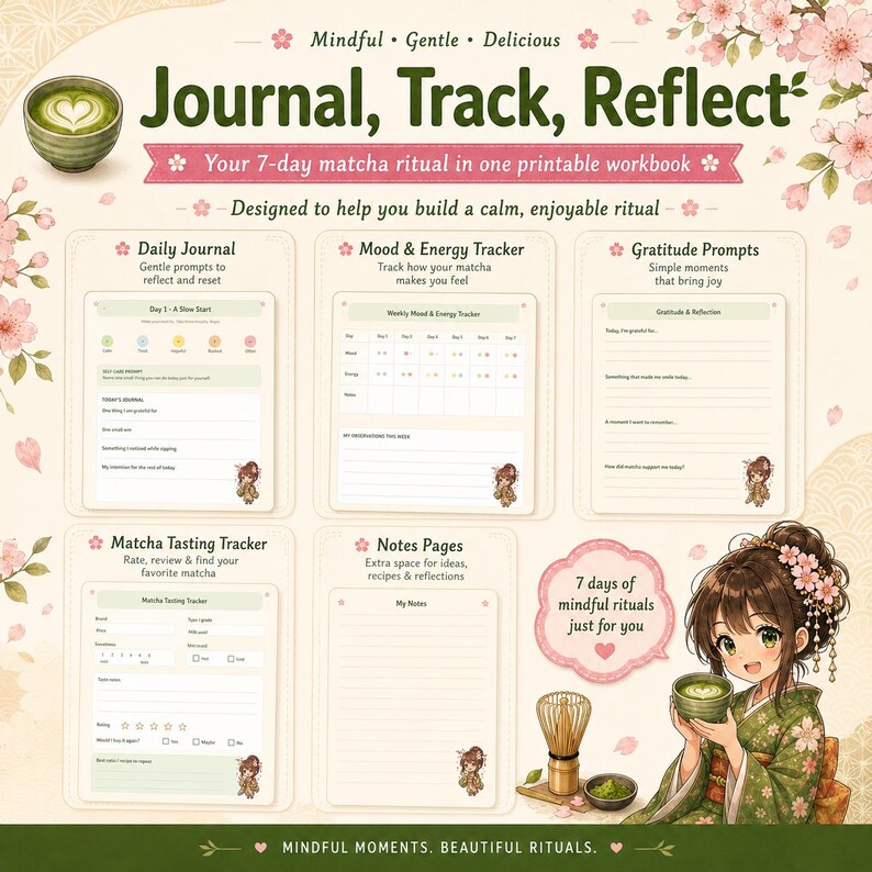 K&ouml;nnte beinhalten: Ein druckbares 7-Tage-Matcha-Ritual-Arbeitsbuch mit Abschnitten f&uuml;r t&auml;gliches Journaling, Stimmungs- und Energie-Tracker, Dankbarkeits&uuml;bungen, Matcha-Verkostung und Notizen, verziert mit Kirschbl&uuml;tenmotiven und einer illustrierten Figur.