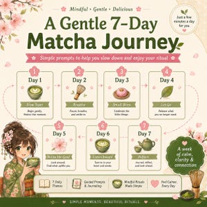 K&ouml;nnte beinhalten: Ein 7-Tage-Matcha-Reisef&uuml;hrer mit einer Reihe t&auml;glicher Anregungen, illustriert mit Matcha-Schalen, einem Besen, einer S&uuml;&szlig;igkeit und einem Blatt. Der Text enth&auml;lt 'A Gentle 7-Day Matcha Journey' sowie verschiedene t&auml;gliche Themen.