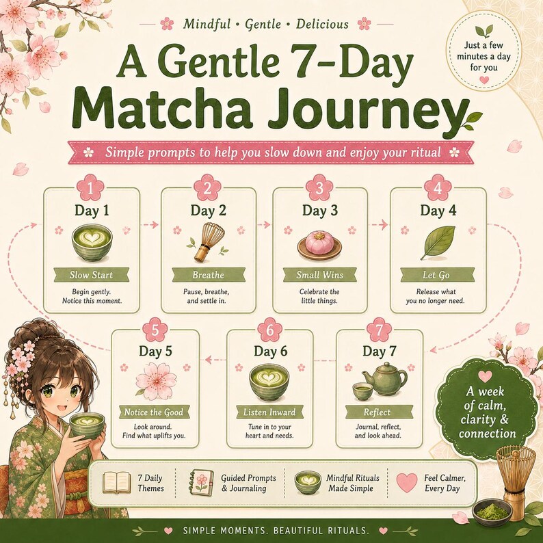 K&ouml;nnte beinhalten: Ein 7-Tage-Matcha-Reisef&uuml;hrer mit einer Reihe t&auml;glicher Anregungen, illustriert mit Matcha-Schalen, einem Besen, einer S&uuml;&szlig;igkeit und einem Blatt. Der Text enth&auml;lt 'A Gentle 7-Day Matcha Journey' sowie verschiedene t&auml;gliche Themen.