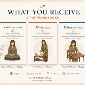 K&ouml;nnte beinhalten: Drei digitale PDF-Arbeitsb&uuml;cher mit den Titeln Zazen with Haruko, 5S with Haruko und Kaizen with Haruko. Jedes Cover zeigt eine Illustration einer Person in olivfarbener Kleidung. Das Set umfasst insgesamt 93 Seiten im US-Letter-Format f&uuml;r Druck oder Tablet.