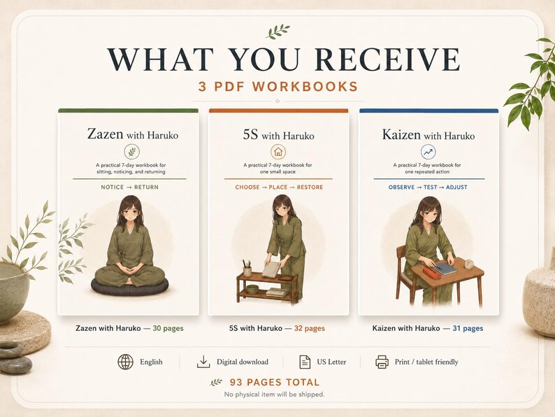 K&ouml;nnte beinhalten: Drei digitale PDF-Arbeitsb&uuml;cher mit den Titeln Zazen with Haruko, 5S with Haruko und Kaizen with Haruko. Jedes Cover zeigt eine Illustration einer Person in olivfarbener Kleidung. Das Set umfasst insgesamt 93 Seiten im US-Letter-Format f&uuml;r Druck oder Tablet.