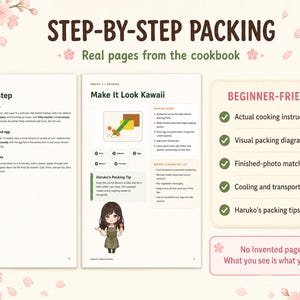 May include: Two pages from a cookbook titled STEP-BY-STEP PACKING, featuring instructions for chicken soboro, scrambled egg, and carrot and beans. The pages include a Make It Look Kawaii section, a cartoon character illustration, and a list of beginner-friendly features.