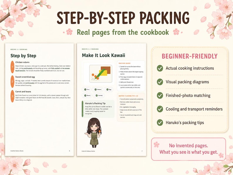 May include: Two pages from a cookbook titled STEP-BY-STEP PACKING, featuring instructions for chicken soboro, scrambled egg, and carrot and beans. The pages include a Make It Look Kawaii section, a cartoon character illustration, and a list of beginner-friendly features.