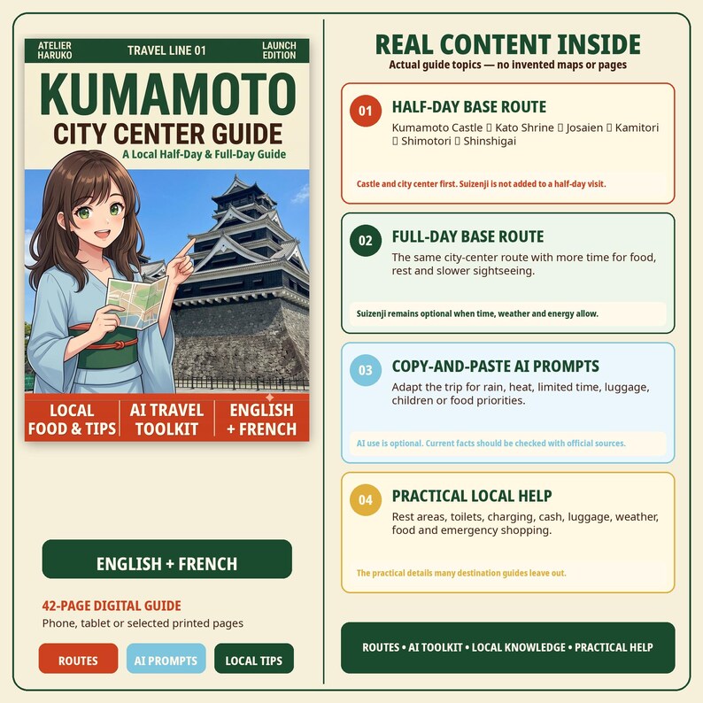 May include: A 42-page digital Kumamoto City Center Guide featuring an anime-style character pointing at Kumamoto Castle. The cover includes text: Atelier Haruko, Travel Line 01, Launch Edition, Local Food & Tips, AI Travel Toolkit, English + French.