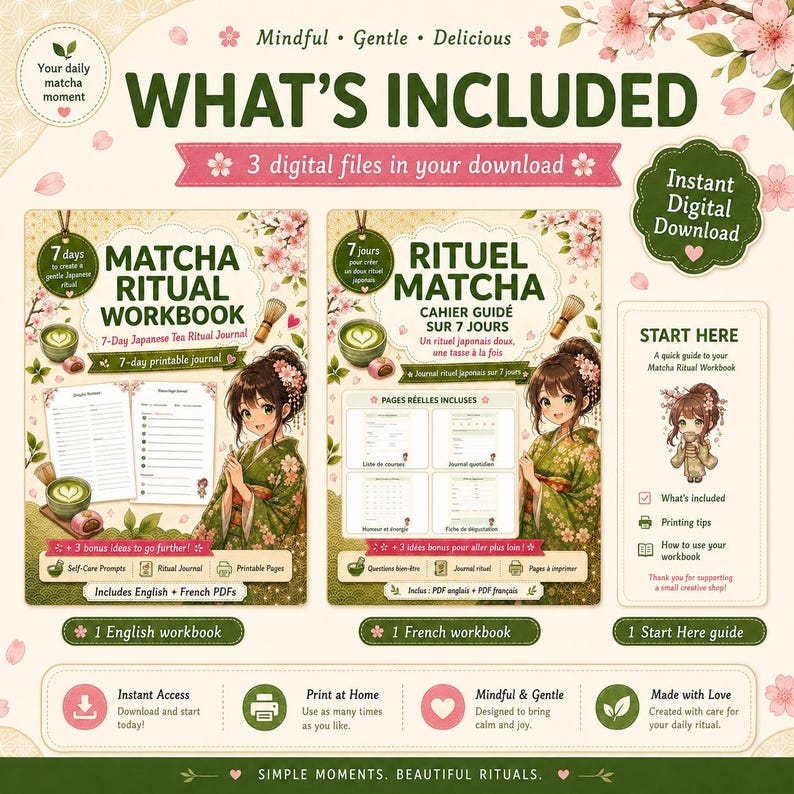 K&ouml;nnte beinhalten: Ein digitales Download-Set mit einem Matcha Ritual Arbeitsbuch auf Englisch und Franz&ouml;sisch sowie einem Startleitfaden. Die Grafiken zeigen eine Figur im gr&uuml;nen Kimono, Matcha-Tee, Kirschbl&uuml;ten und Text zu den Inhalten und Vorteilen.