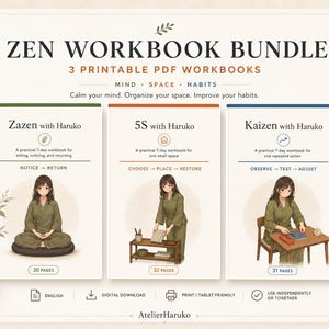 K&ouml;nnte beinhalten: Ein Zen-Arbeitsbuch-Paket mit drei druckbaren PDF-Arbeitsb&uuml;chern namens Zazen with Haruko, 5S with Haruko und Kaizen with Haruko. Jedes Cover zeigt eine Illustration einer Person in gr&uuml;ner Kleidung mit 30, 32 und 31 Seiten Umfang.