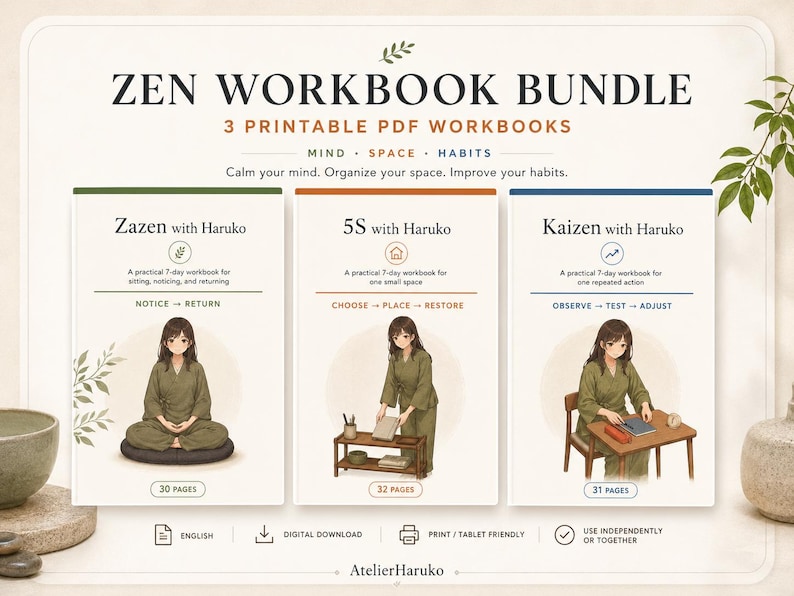 K&ouml;nnte beinhalten: Ein Zen-Arbeitsbuch-Paket mit drei druckbaren PDF-Arbeitsb&uuml;chern namens Zazen with Haruko, 5S with Haruko und Kaizen with Haruko. Jedes Cover zeigt eine Illustration einer Person in gr&uuml;ner Kleidung mit 30, 32 und 31 Seiten Umfang.