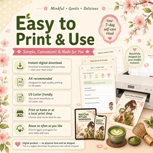 K&ouml;nnte beinhalten: Ein digitales Matcha-Ritual-Arbeitsbuch-Set mit druckbaren Tagebuchseiten, einem 7-Tage-Selbstpflege-Ritual-Leitfaden und Trackern. Das Design zeigt Kirschbl&uuml;ten, den Text Easy to Print & Use und eine Figur, die eine Matcha-Schale h&auml;lt.