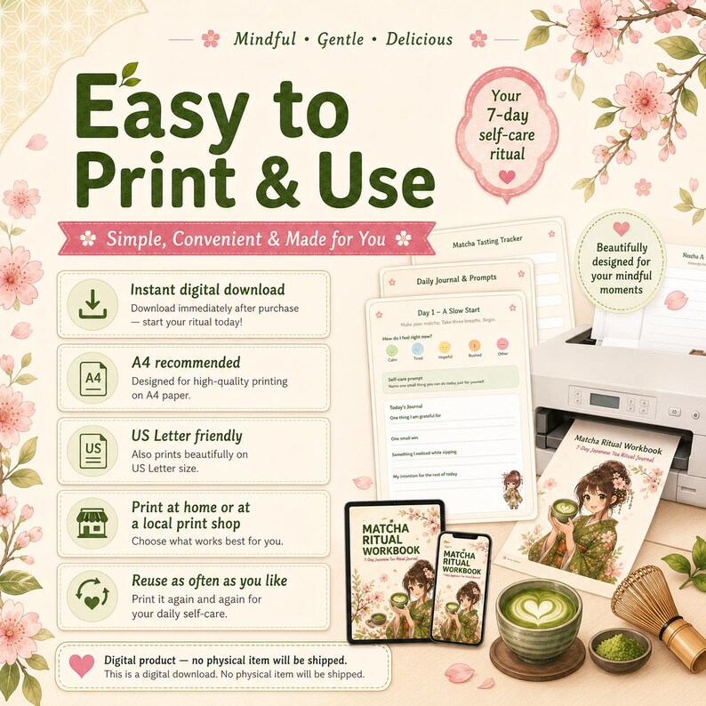 K&ouml;nnte beinhalten: Ein digitales Matcha-Ritual-Arbeitsbuch-Set mit druckbaren Tagebuchseiten, einem 7-Tage-Selbstpflege-Ritual-Leitfaden und Trackern. Das Design zeigt Kirschbl&uuml;ten, den Text Easy to Print & Use und eine Figur, die eine Matcha-Schale h&auml;lt.