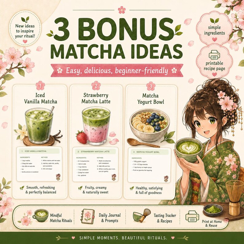 K&ouml;nnte beinhalten: Eine Infografik mit dem Titel 3 BONUS MATCHA IDEAS mit drei Rezepten: Iced Vanilla Matcha, Strawberry Matcha Latte und Matcha Yogurt Bowl. Eine Illustration einer Person in einem gr&uuml;nen Blumen-Kimono h&auml;lt eine Schale Matcha.