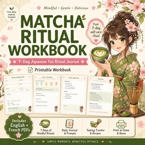 K&ouml;nnte beinhalten: Ein druckbares Matcha Ritual Workbook mit einer gr&uuml;n gekleideten Figur, die eine Matchaschale h&auml;lt. Das Cover zeigt den Titel, einen 7-Tage-Ritual-Leitfaden, Verkostungstracker, Rezeptseiten und einen Bambusbesen, verziert mit rosa Kirschbl&uuml;ten.