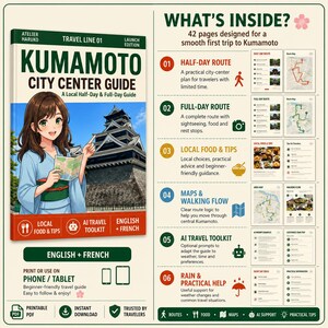 May include: A Kumamoto City Center Guide travel book featuring an anime-style illustration of a person in a blue kimono holding a map in front of Kumamoto Castle. The guide includes 42 pages with half-day and full-day routes, local food tips, maps, walking flows, an AI travel toolkit, and practical help for travelers.