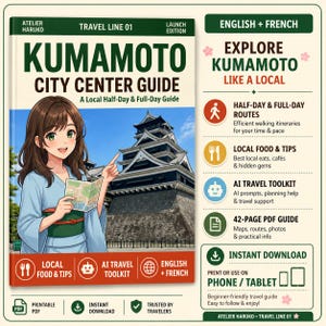 May include: A digital travel guide titled Kumamoto City Center Guide featuring an anime-style character pointing toward a black castle. The guide includes sections for half-day and full-day routes, local food tips, an AI travel toolkit, and a 42-page PDF.