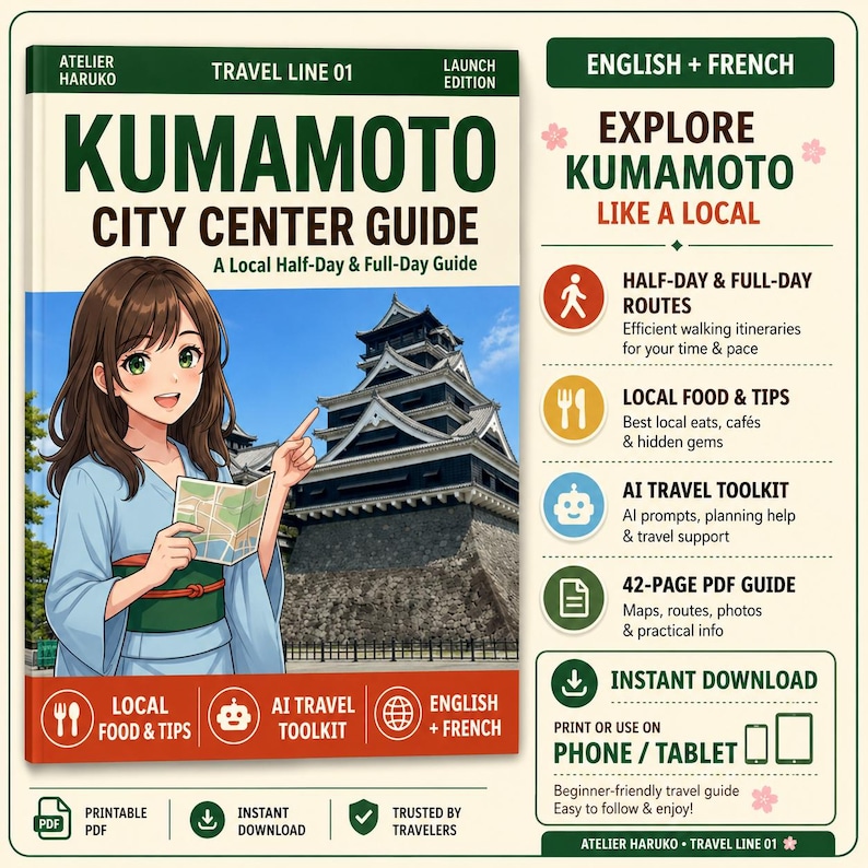 May include: A digital travel guide titled Kumamoto City Center Guide featuring an anime-style character pointing toward a black castle. The guide includes sections for half-day and full-day routes, local food tips, an AI travel toolkit, and a 42-page PDF.