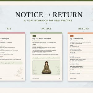 May include: A 7-day workbook titled NOTICE RETURN for real practice. The pages show Day 1 Simply Sit, Day 4 Notice and Return with an illustration of a person meditating, and Day 7 My Zazen Practice. The layout includes text, checkboxes, and lines.