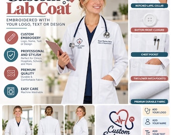 May include: A white lab coat featuring a notched lapel collar, button front closure, a chest pocket, and two lower patch pockets. The coat includes custom embroidery options for logos, names, or text, and is made of durable, machine-washable fabric.