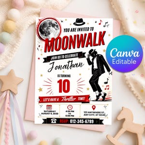 May include: A birthday invitation card featuring a moon graphic, a fedora, and a silhouette of a person dancing. The text reads: YOU ARE INVITED TO MOONWALK, JOIN US TO CELEBRATE Jonathan IS TURNING 10, LET'S HAVE A Thriller TIME!, and RSVP: 012-345-6789.