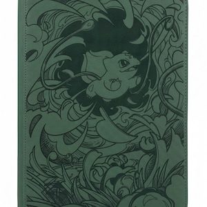 May include: A rectangular dark green folio case featuring a black line art illustration of a Bulbasaur character surrounded by stylized swirling leaves and vines. The cover has a textured surface with stitched edges and a rounded corner design.