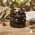 Boho Wooden Bead Bracelet Set | 10 Piece Layered Stretch Bracelets with Tree Charm