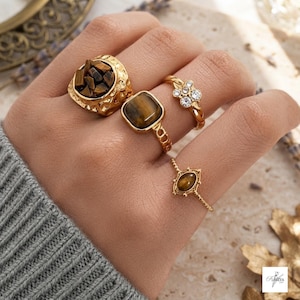 vintage ring set for women, 4 piece floral statement rings, stainless steel jewelry