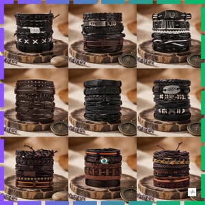 May include: A collection of nine sets of stacked leather bracelets, each featuring multiple strands with varied textures, braided patterns, and metallic accents, including charms like an owl, a fish, and an evil eye, displayed on wooden slices.
