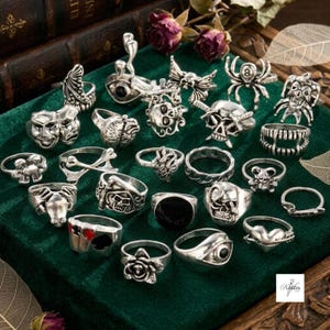 Può includere: Una collezione di anelli in metallo color argento con vari disegni tra cui teschi, ragni, cuori, rose, maschere teatrali, carte da gioco e un occhio. Gli anelli sono disposti su una superficie di velluto verde scuro con un piccolo logo.