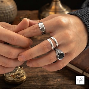 Wide Stainless Steel Gothic Rings for Men, Retro Band Set (4 Piece Collection)