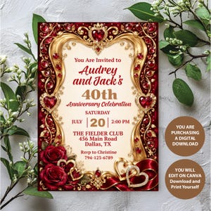 Op de afbeelding: Een rechthoekige uitnodigingskaart met een crèmekleurig midden en rode tekst: You Are Invited to Audrey and Jack's 40th Anniversary Celebration, Saturday July 20 2:00 PM, The Fielder Club 456 Main Road Dallas, TX, Rsvp to Christine 794-123-6789.