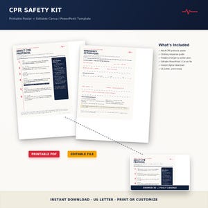 Könnte beinhalten: Ein CPR-Sicherheitskit als digitaler Download mit einem CPR-Protokoll-Poster für Erwachsene und einem Notfallaktionsplan. Die Dokumente sind weiß mit schwarzem Text und roten Akzenten. Eine vergrößerte Ansicht des Protokolls ist ebenfalls abgebildet.