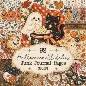Embroidered Halloween Junk Journal Kit | 92 Cozy Stitched Printable Pages | Cute Ghost Cat Pumpkin Ephemera | Instant Download