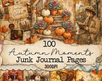 May include: A digital collection of 100 Autumn Moments Junk Journal Pages featuring illustrations of pumpkins, potted plants, autumn leaves, a person reading, sunflowers, butterflies, and jars, with text reading 100 Autumn Moments Junk Journal Pages 300DPI.
