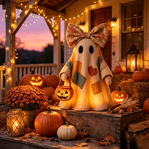 Spökfigur i harts med upplyst lapptäcke och pumpahink, nyckfull Halloweendekoration