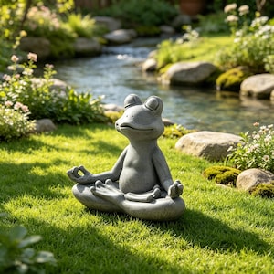 Könnte beinhalten: Eine graue, steinfarbene Gartenstatue eines Frosches, der in meditativer Lotussitzposition sitzt, die Augen geschlossen und die Hände in einer Mudra-Geste auf den Knien ruhend. Der Frosch hat einen glatten, runden Körper auf einer ovalen Basis.