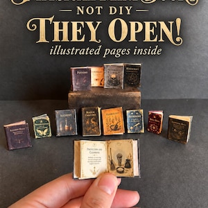 May include: A collection of miniature books with illustrated pages, featuring titles like Potions, Necromancy, and Herbology. The text reads Physical Mini Books - Not DIY - They Open! Illustrated pages inside. One open book shows Protection and Cleansing.