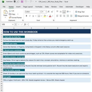 May include: A digital Excel spreadsheet titled CFA Level 1 380 Hour Study Plan. The document features a dark blue header reading HOW TO USE THIS WORKBOOK and six numbered sections with teal headers explaining study tasks, status updates, and scoring.