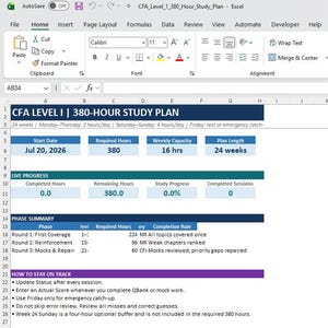 May include: A digital spreadsheet titled CFA LEVEL I 380-HOUR STUDY PLAN. The document includes sections for start date, required hours, weekly capacity, plan length, live progress, phase summary, and instructions on how to stay on track for study.