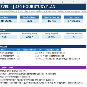 May include: A digital spreadsheet titled CFA LEVEL II | 430-HOUR STUDY PLAN. It features sections for start date, required hours, weekly capacity, and plan length. It includes a live progress tracker, a phase summary table, and a list of instructions.