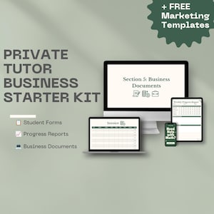 Może przedstawiać: Cyfrowy zestaw startowy dla prywatnych korepetytorów zawierający monitor, laptop, tablet i smartfon z dokumentami takimi jak faktury i raporty. Tekst zawiera Private Tutor Business Starter Kit oraz Free Marketing Templates.
