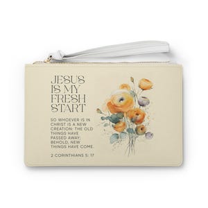 Bolso de mano cristiano, monedero con la frase "Jesús es mi nuevo comienzo", neceser amarillo pálido con versículo bíblico floral de 2 Corintios 5:17, regalo bíblico