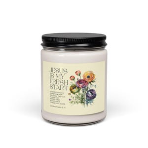 Bougie en pot de cire de soja avec 9 parfums au choix / Bougie avec verset biblique, « Jésus est mon nouveau départ », 2 Corinthiens 5:17, Cadeau de baptême et de foi