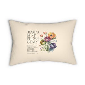 Cojín lumbar cristiano, cojín decorativo con versículo bíblico "Jesús es mi nuevo comienzo", 2 Corintios 5:17, decoración floral