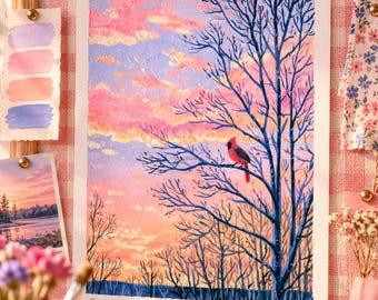 Cardinal Art Print, Winter Tree Sunset Wall Art, Red Bird Painting, Pink Sky Landscape, Bird Lover Gift | Winter Cardinal