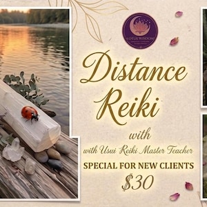 May include: A promotional graphic for Distance Reiki featuring three inset photos: a ladybug on a white log with lavender and crystals by a river, a sage bundle on a tree stump in a forest, and a brown notebook with stones on a mossy rock.