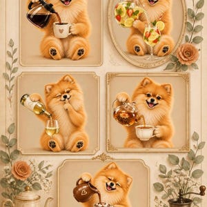 Pode incluir: Uma impressão decorativa com cinco ilustrações emolduradas de um cão Lulu da Pomerânia laranja e fofo. O cão é retratado em várias cenas servindo café, água com frutas, vinho branco, chá e chocolate quente em xícaras e copos.