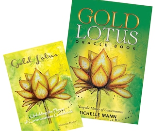 May include: Two books titled "Gold Lotus" are displayed. The larger book is labeled "Oracle Book" and features a golden lotus flower illustration on a green background. The smaller book is a guidebook with a similar design.