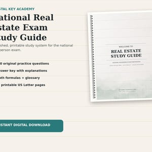 May include: A spiral-bound National Real Estate Exam Study Guide with a white cover featuring black text and a subtle green watercolor base. The guide includes 130 practice questions, an answer key, math formulas, a glossary, and 44 US Letter pages.