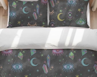 Dark Mystic Charms Bedding Set | Witchy Celestial Gothic Bedding | Evil Eye Crystal Duvet Cover | Mystical Boho Bedroom Decor