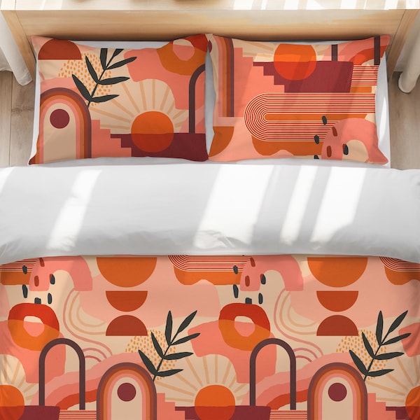 Retro Desert Arches Bedding Set | Mid Century Modern Duvet Cover | Boho Southwest Bedding | Terracotta Geometric Bed Set | Abstract Bedding