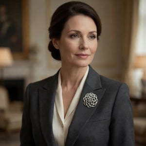 Puede incluir: Un broche circular de tono plateado con un patrón complejo de espiral o floral de varias capas, prendido en la solapa de un blazer gris carbón oscuro sobre una blusa de color crema con un escote sencillo y un cuello estructurado.