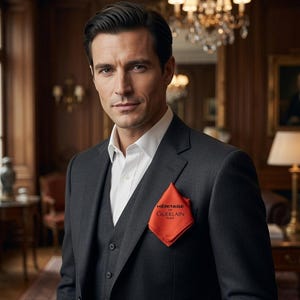 May include: A dark charcoal grey three-piece suit featuring a crisp white collared shirt and a vibrant orange pocket square. The pocket square is neatly folded and displays the black text "HÉRITAGE DE GUERLAIN PARIS" printed on its surface.